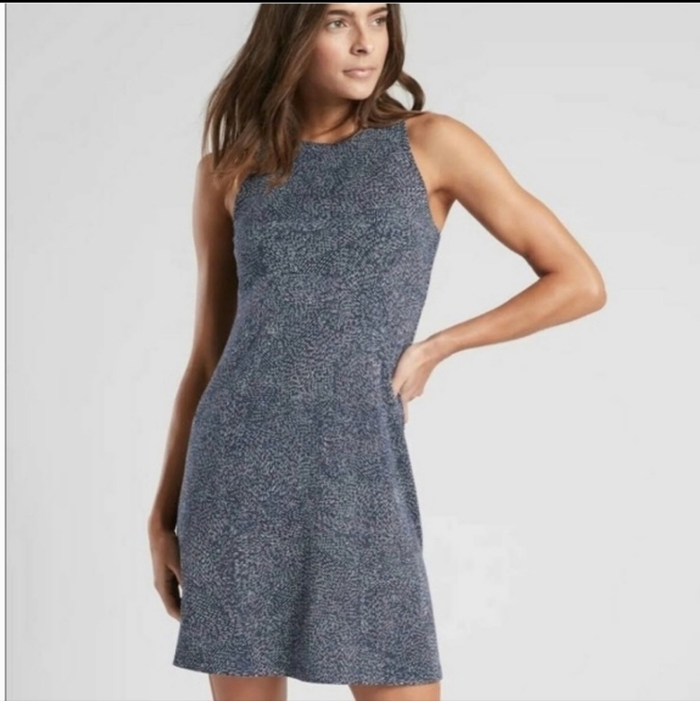 Athleta Printed Santorini Navy Blue White High Neck Dress
